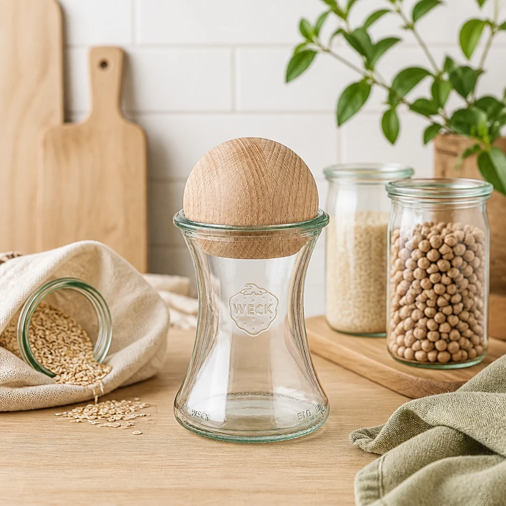 WECK Pot de conservation 370ml RR80 Sphère en bois hêtre cuisine légumineuses céréales conservation durable boîtes à provisions