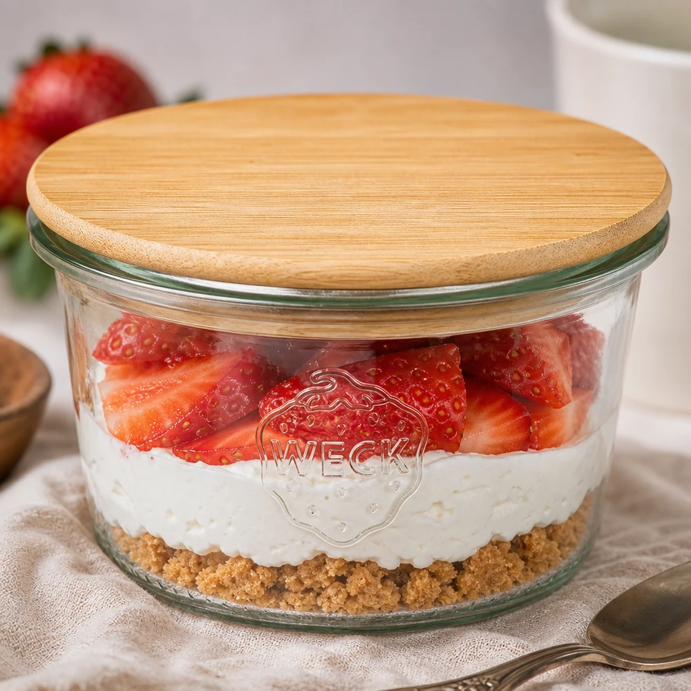 WECK Pot 80ml RR60 Couvercle en bambou Dessert à couches Fraises Yaourt Fond de biscuit Servir la portion individuellement