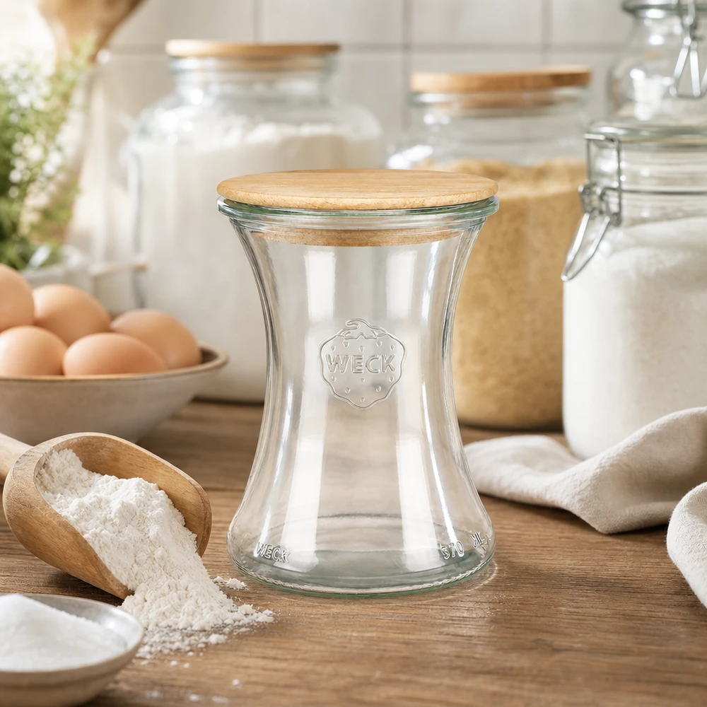 370ml bocal à gourmandises WECK RR80 avec couvercle en bois WECK Pot à délicatesse 370ml RR80 avec couvercle en bois sur le plan de travail en bois à côté de la farine des œufs et des ingrédients de cuisson dans la cuisine