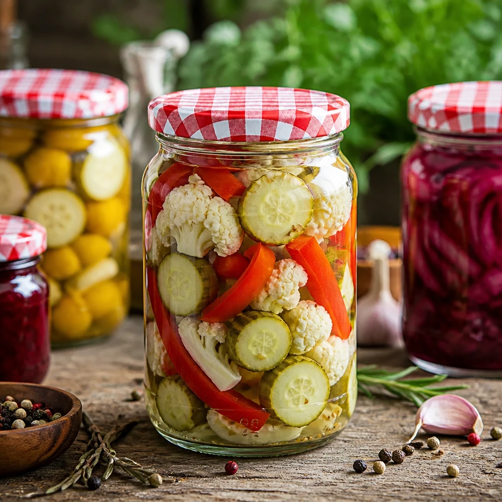 1062ml Verre rond avec couvercle BasicSeal rouge/blanc UNiTWIST 1062ml Bocal rond BasicSeal Couvercle avec mélange de légumes Cauliflower Concombres Poivrons Bocal de conservation Fermentation