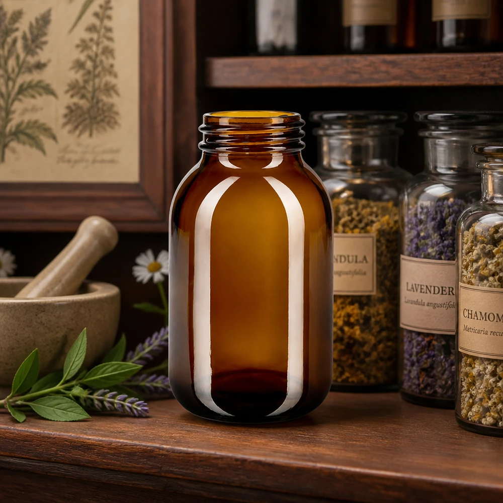 Bouteille en verre brun 500ml à col large pour les herbes et les remèdes naturels