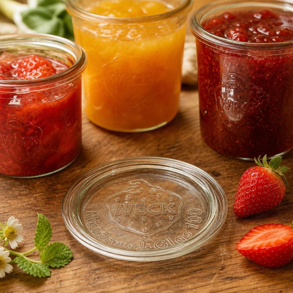 WECK Couvercle en verre RR100 en application avec des pots de confiture et des fruits frais sur un fond en bois