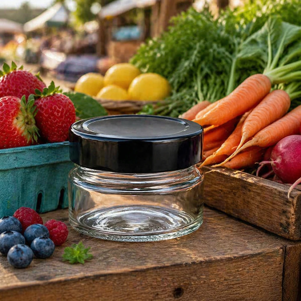 80ml Verre rond avec couvercle BasicSeal noir UNiTWIST 80ml Rundglas BasicSeal schwarz auf Holztisch mit frischem Obst Gemüse Marktstand Atmosphäre vielseitig einsetzbar