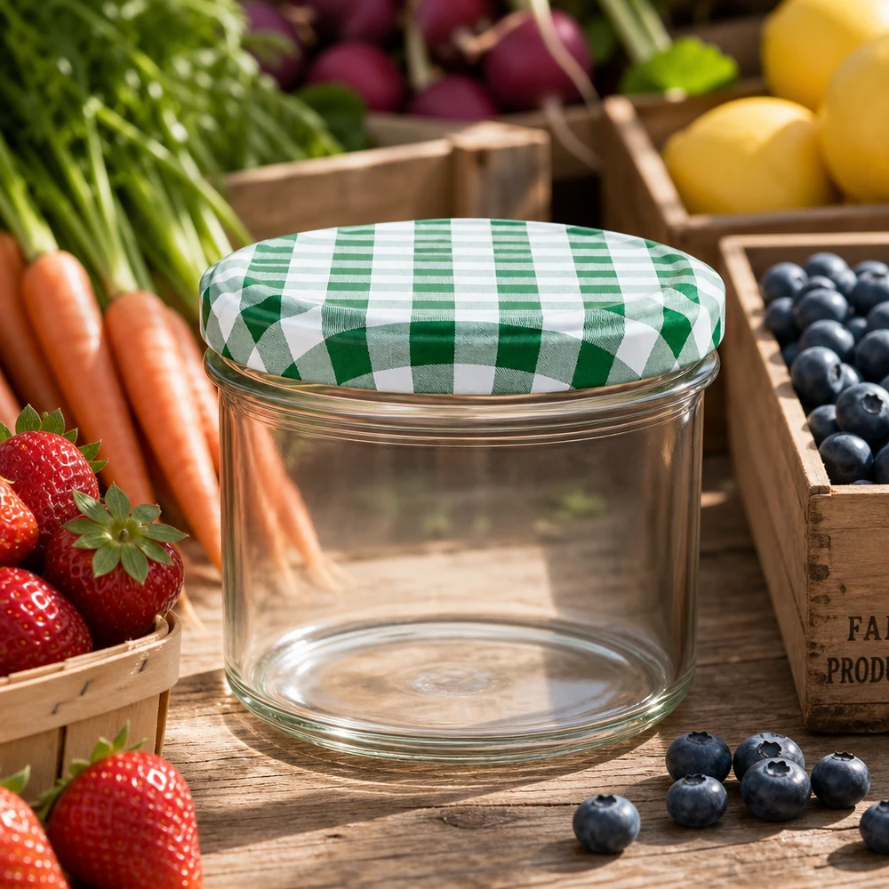 225ml Verre conique avec couvercle BasicSeal vert/blanc UNiTWIST Verre renversé de 225 ml avec couvercle à carreaux vert et blanc entouré de fruits et légumes frais dans une cuisine rustique