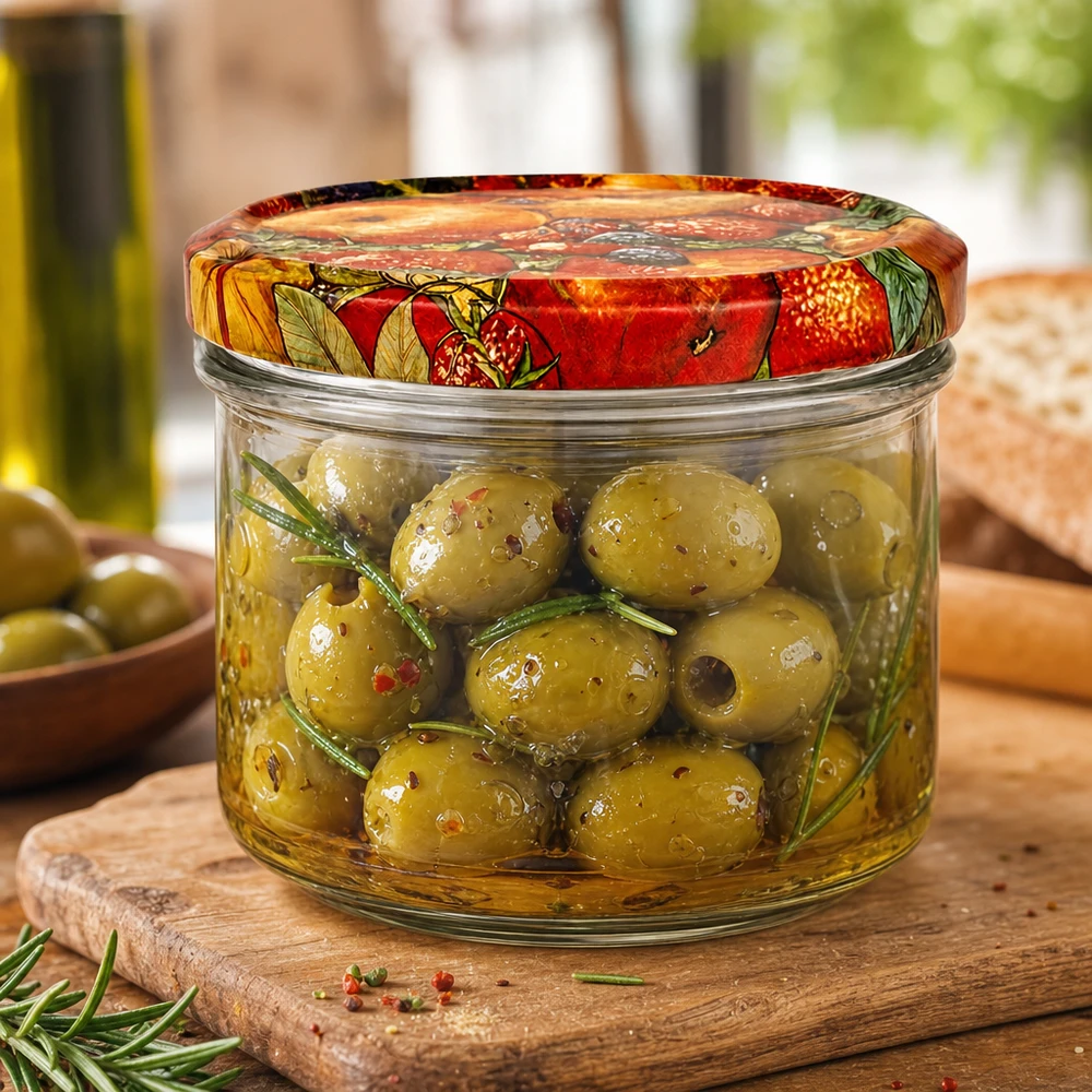 225ml bocal en verre décor fruits rempli d'olives marinées, bocal pour antipasti et délicatesses méditerranéennes