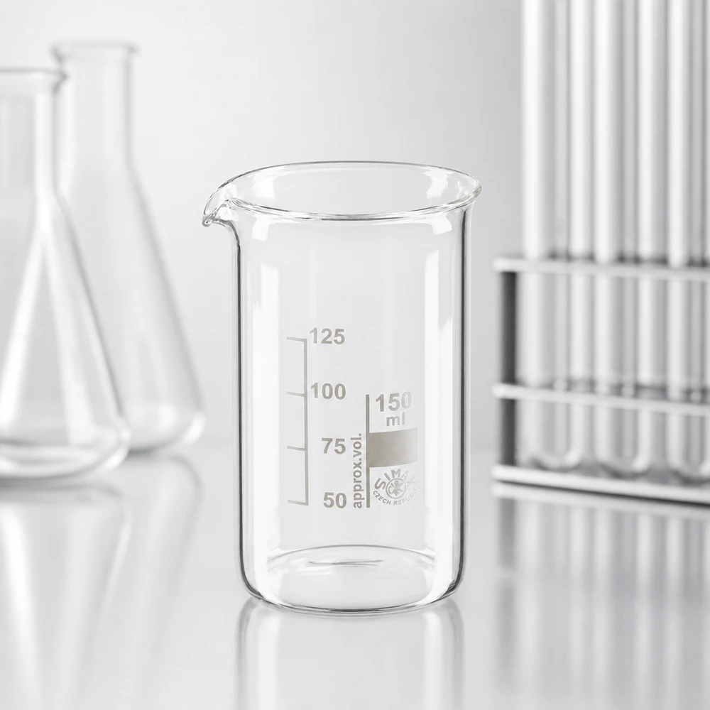 Bécher transparent de 150 ml, de forme haute, avec une échelle de volume de 50 à 125 ml, en verre borosilicaté