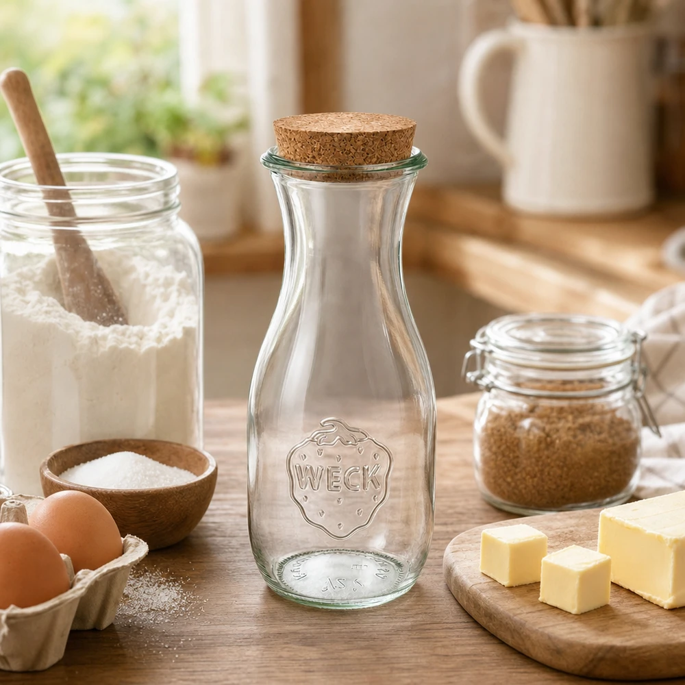 WECK Bouteille de jus de fruit 530ml avec bouchon dans une cuisine confortable à côté d'ingrédients de boulangerie farine œufs beurre sur une table en bois
