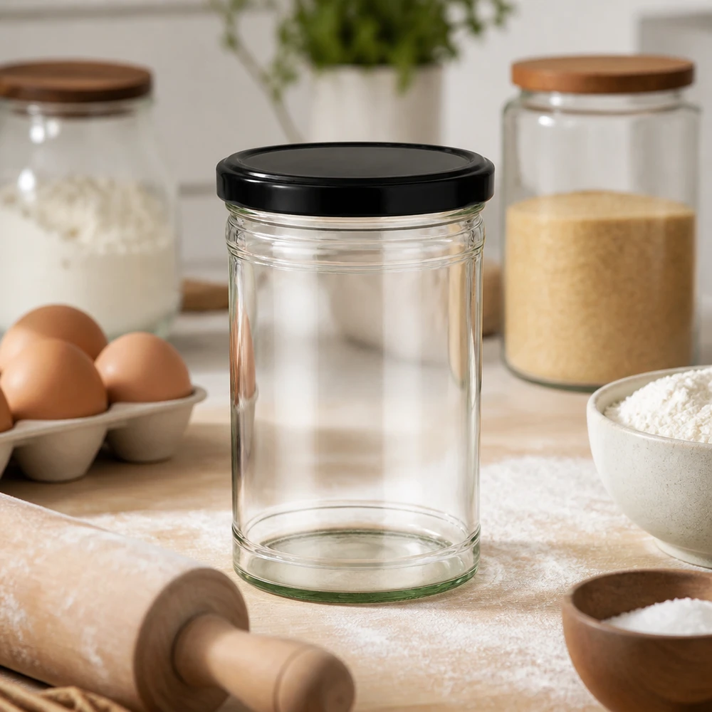 Bocal vide de 1053ml avec couvercle noir dans la cuisine avec œufs farine rouleau à pâtisserie pour la pâtisserie et la cuisine
