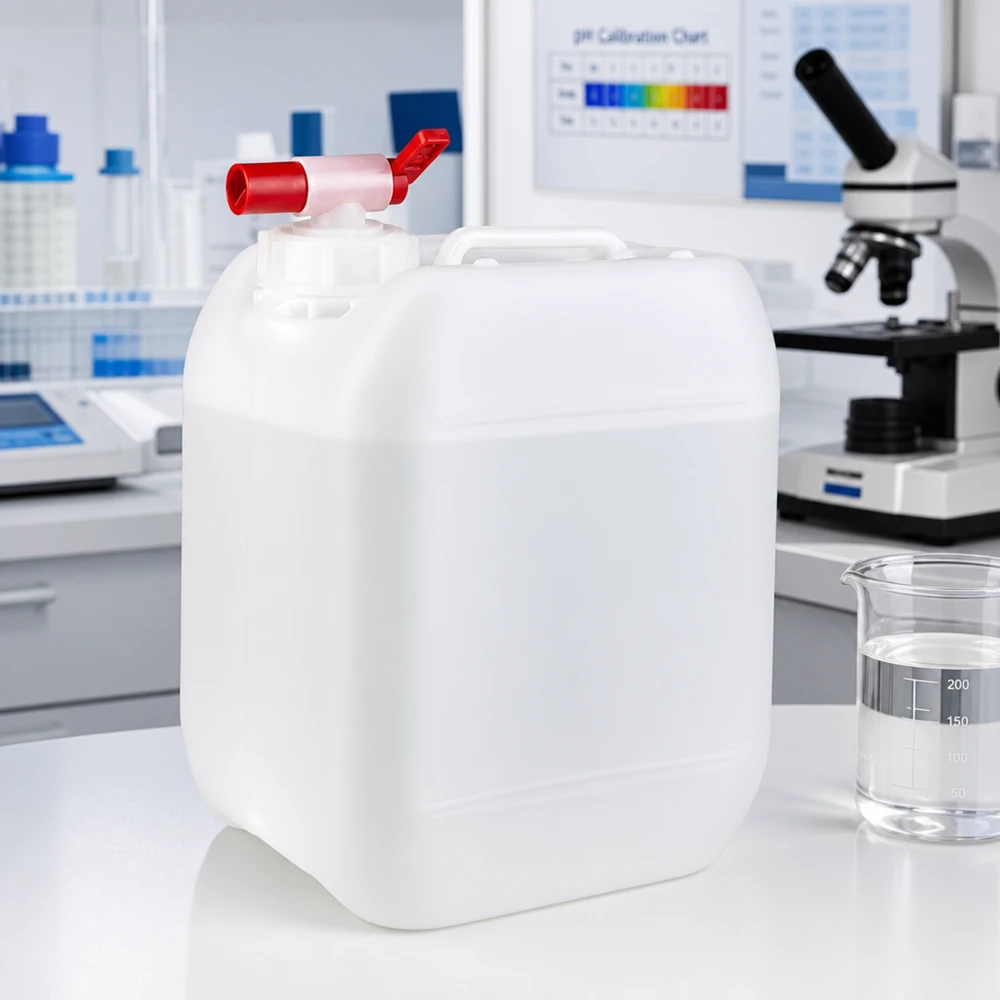 Jerrican de 5 litres avec robinet Bidon en plastique transparent de 5 litres, muni d'un robinet pratique permettant un dosage précis des liquides en laboratoire
