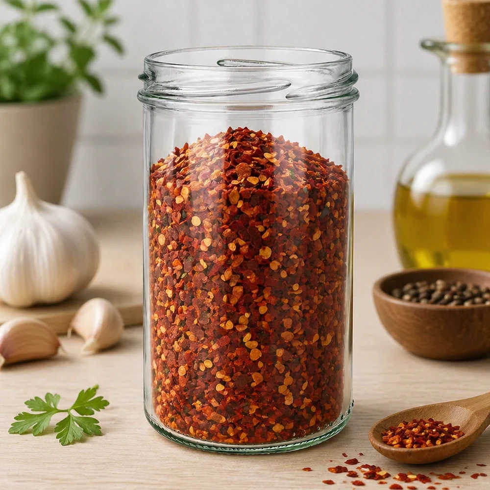 277ml Verre conique sans couvercle (TO66) UNiTWIST UNiTWIST Sturz277 Verre renversé 277ml TO66 rempli de flocons d'épices rouges dans la cuisine avec des herbes et de l'huile