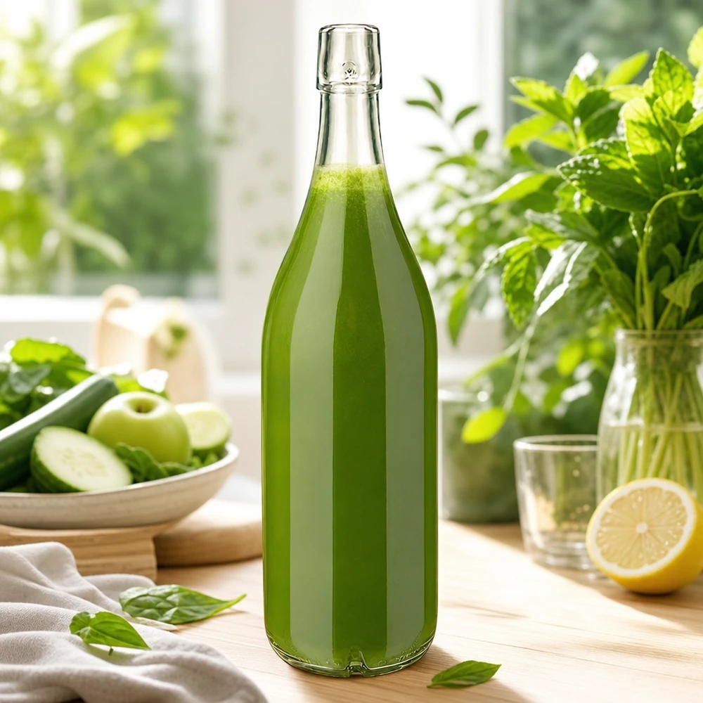 Bouteille en verre de 1000 ml sans bouchon mécanique UNiTWIST Bouteille en verre 1000ml UNiTWIST remplie de smoothie vert légumes frais fruits scène de cuisine alimentation saine