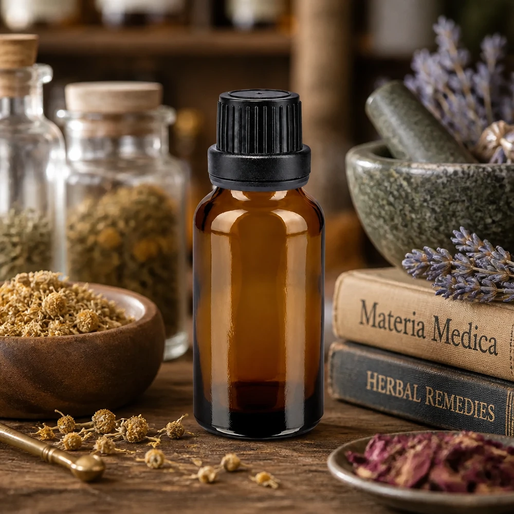 Flacon de pharmacie de 20 ml, couleur ambre, muni d'un bouchon de sécurité noir, destiné aux extraits de plantes