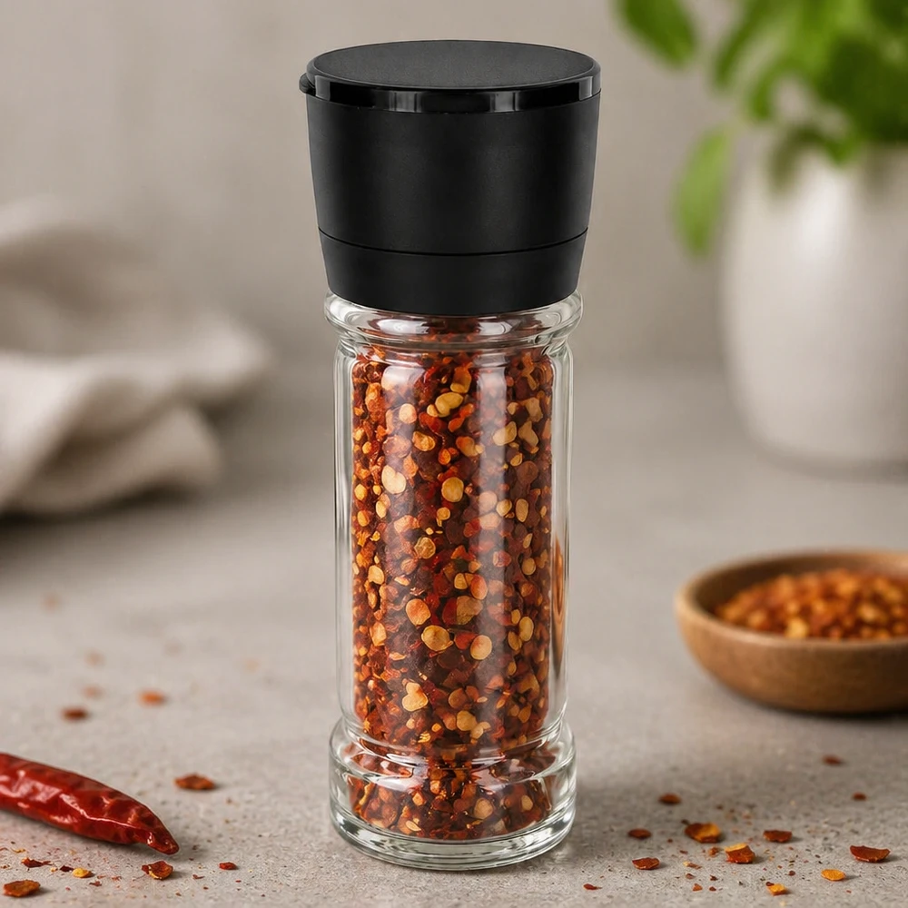 Pot à épices de 100 ml avec moulin à vis noir, rempli de flocons de piment sur fond gris