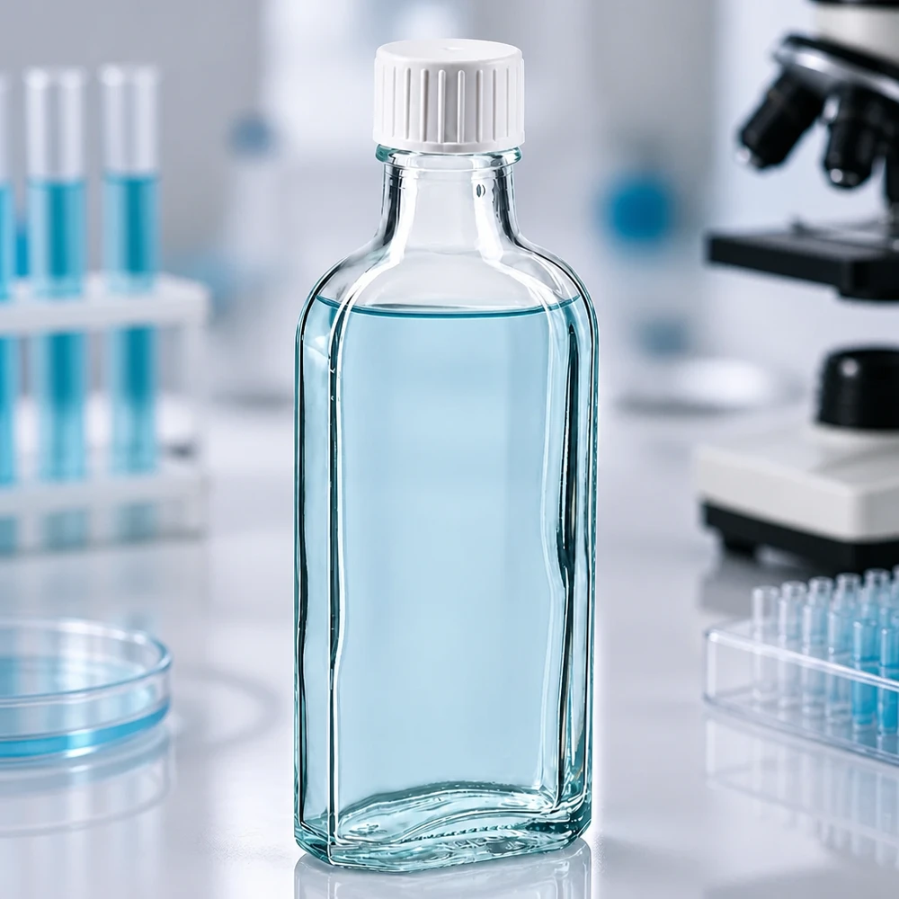 Flasque transparente de 100 ml au goulot DIN 22, avec bouchon à vis DIN 22 blanc et bague anti-gouttes Flacon en verre Meplat plat de 100 ml, muni d'un bouchon à vis blanc et d'un anneau verseur, utilisé en laboratoire