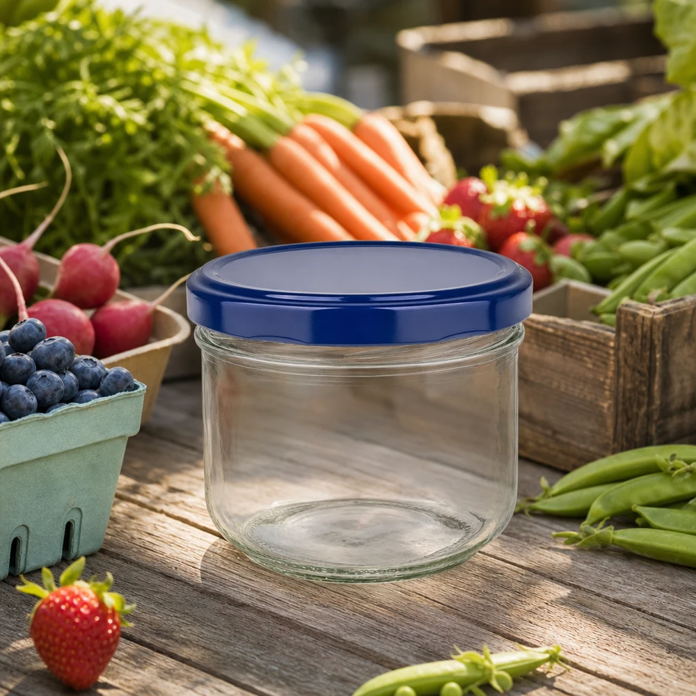 260ml Verre conique avec couvercle BasicSeal bleu UNiTWIST 260ml Sturzglas BasicSeal blau leer auf Holztisch mit frischem Obst und Gemüse - perfekt für Marmelade und Konserven