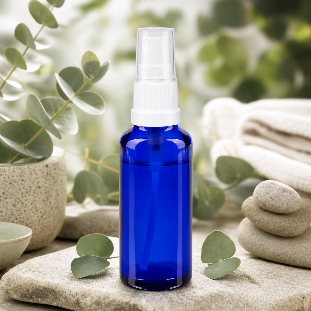 Flacon de pharmacie bleu 30ml embout spray blanc Flacon vaporisateur en verre de pharmacie bleu de 30 ml, muni d'une tête de vaporisation blanche, entre des feuilles d'eucalyptus et des pierres zen