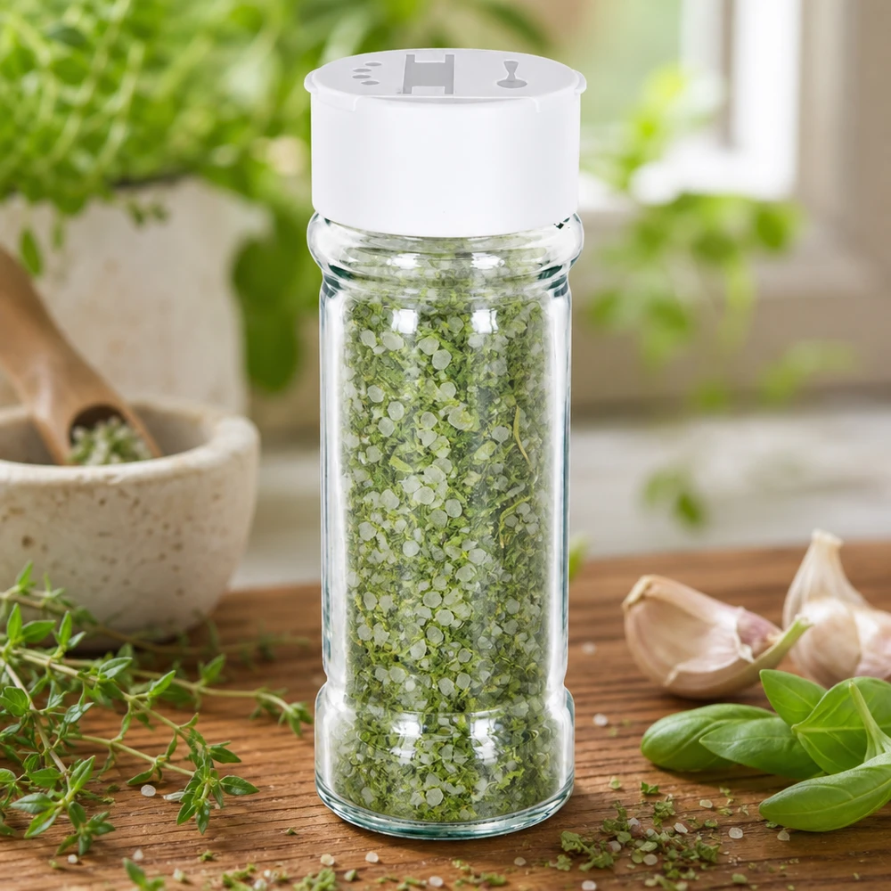 Pot à épices de 100 ml muni d'un double saupoudreur blanc, rempli de sel aux herbes et entouré d'herbes fraîches