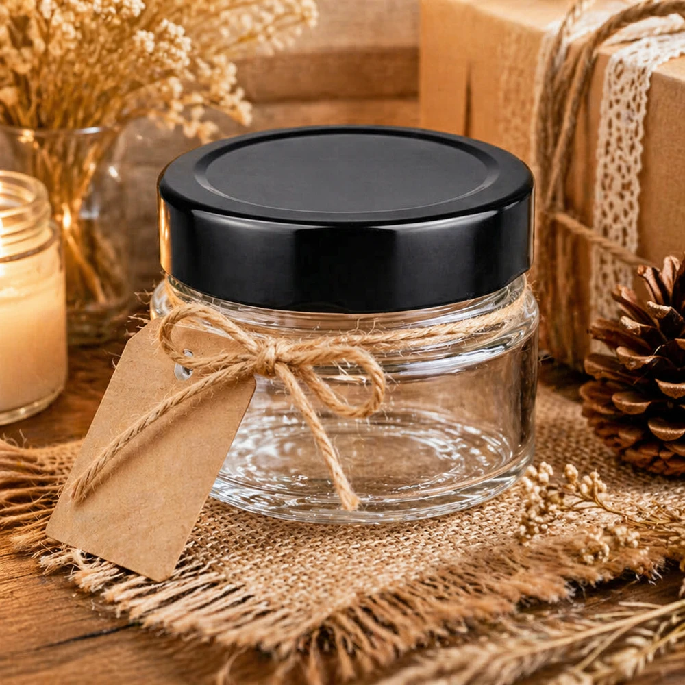 80ml verre rond noir transparent pot cosmétique arrangé de façon décorative avec ruban cadeau décoration naturelle BasicSeal