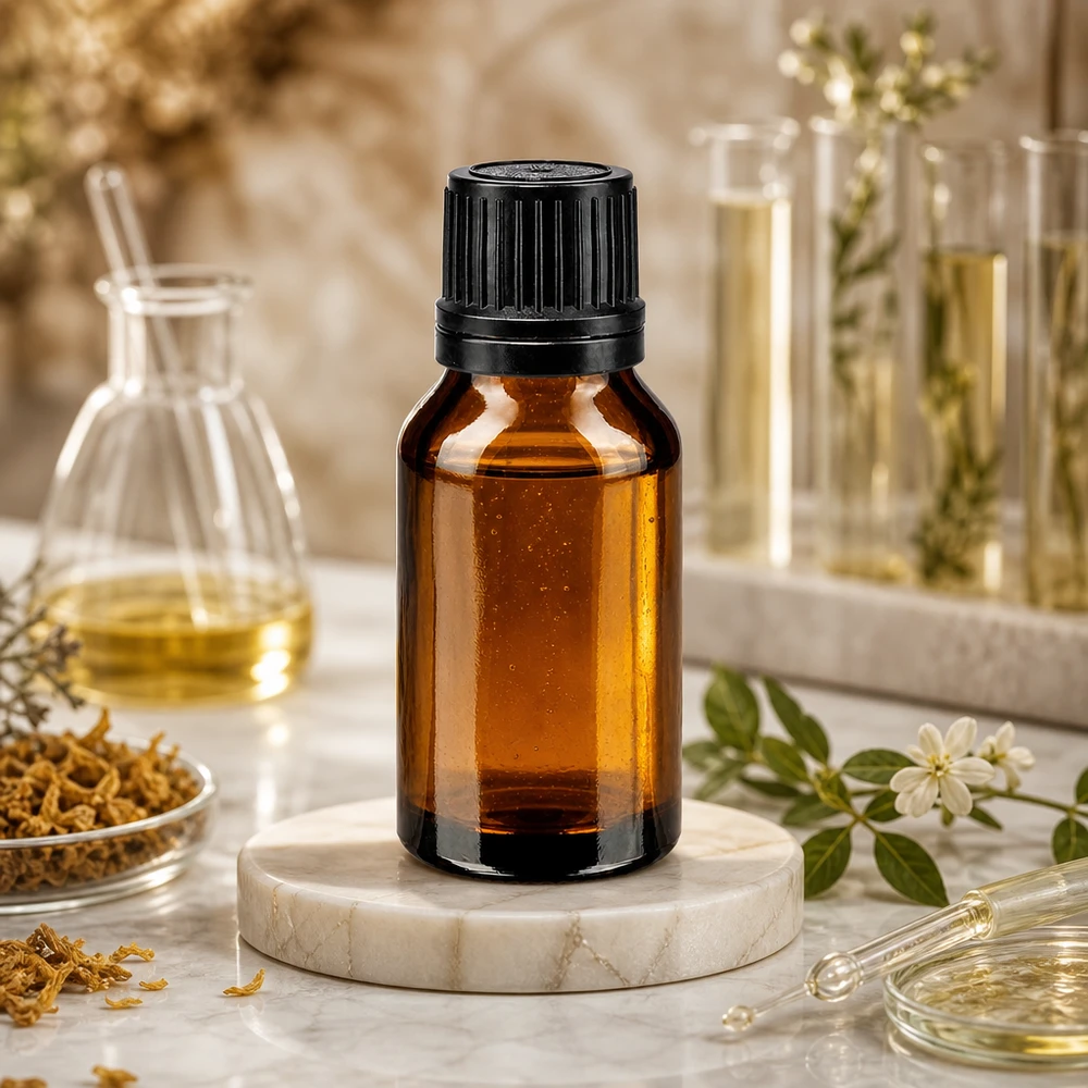 Bouteille de pharmacie brune 15ml bouchon vissable noir bouchon inviolabilité Flacon de pharmacie de 15 ml en verre ambré avec bouchon en plastique noir, posé sur un socle en marbre orné d'herbes aromatiques