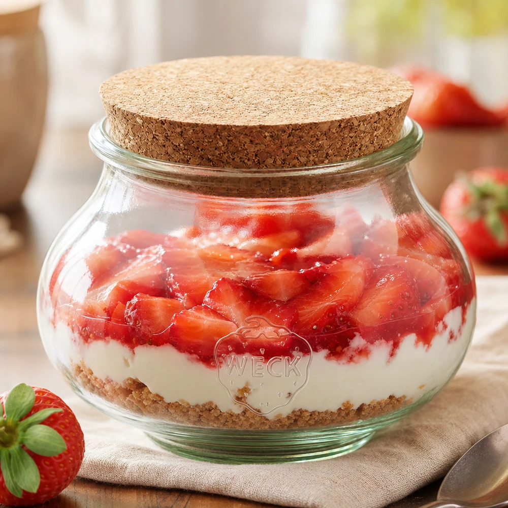 WECK Verre à bijoux 560ml RR80 avec bouchon comme verre à dessert pour le dessert stratifié fraise-yaourt Présentation de cuisine