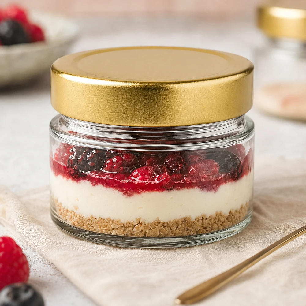 80ml Verre rond avec couvercle BasicSeal or UNiTWIST Verre rond de 80ml avec couvercle BasicSeal gold deep comme verre à dessert avec cheesecake et baies dans une élégante décoration de table