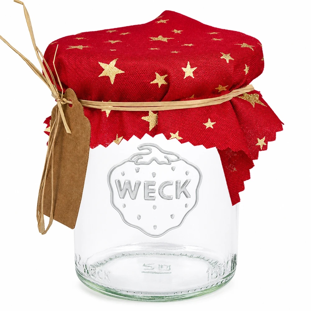 Cache-bijoux en tissu rouge avec étoiles dorées 12cm carré sur bocal WECK avec ruban et pendentif