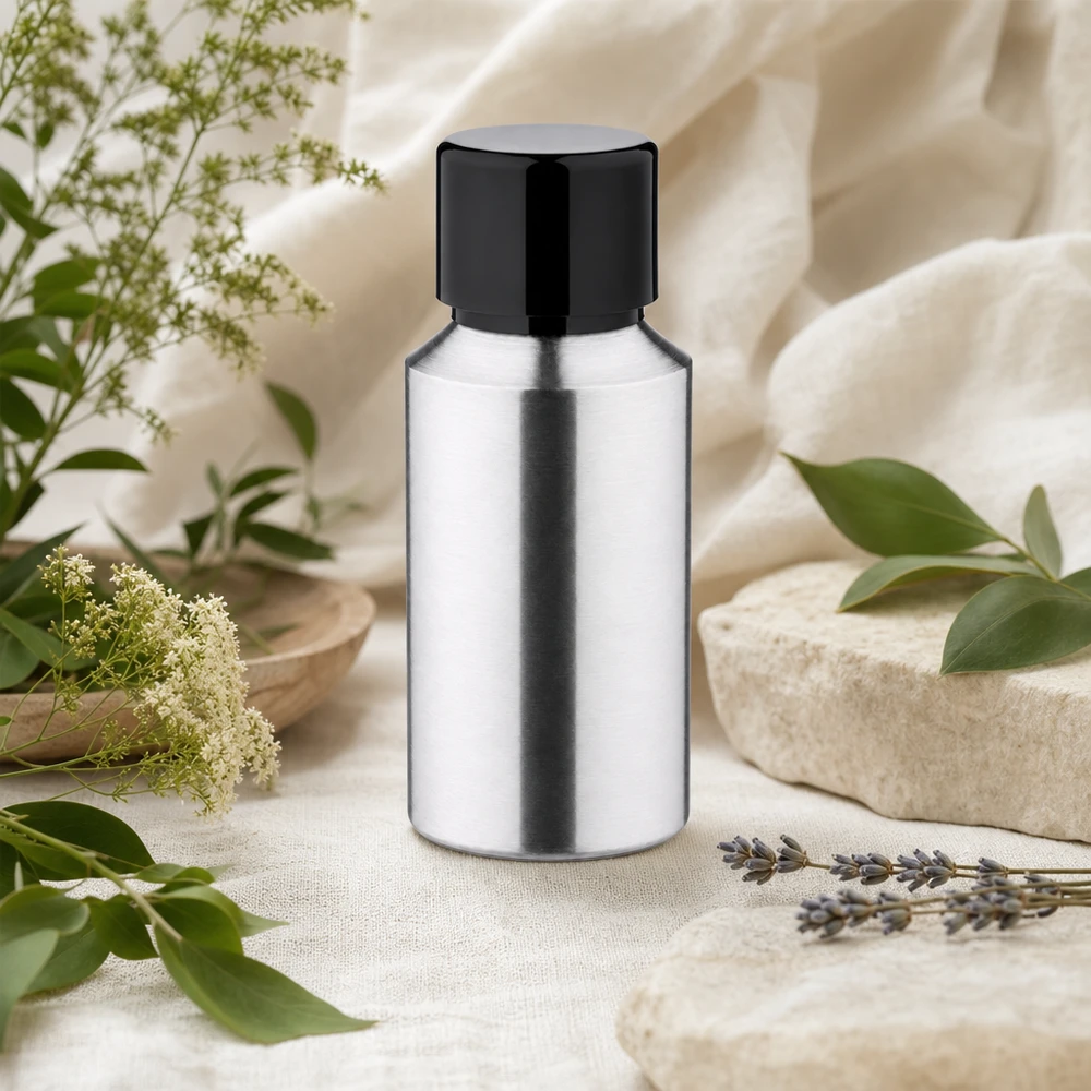 Bouteille en aluminium poncé 30 ml, avec bouchon à vis noir et joint conique Flacon rechargeable en aluminium de 30ml avec bouchon à vis pour un emballage cosmétique durable