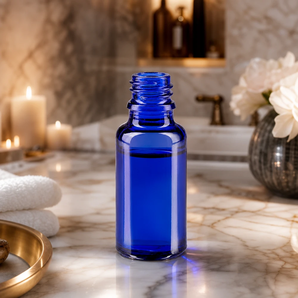 Flacon avec compte-gouttes 20 ml DIN18 - verre bleu Bouteille traditionnelle bleue de 20 ml en verre ApoGlas avec surface lisse pour un nettoyage hygiénique