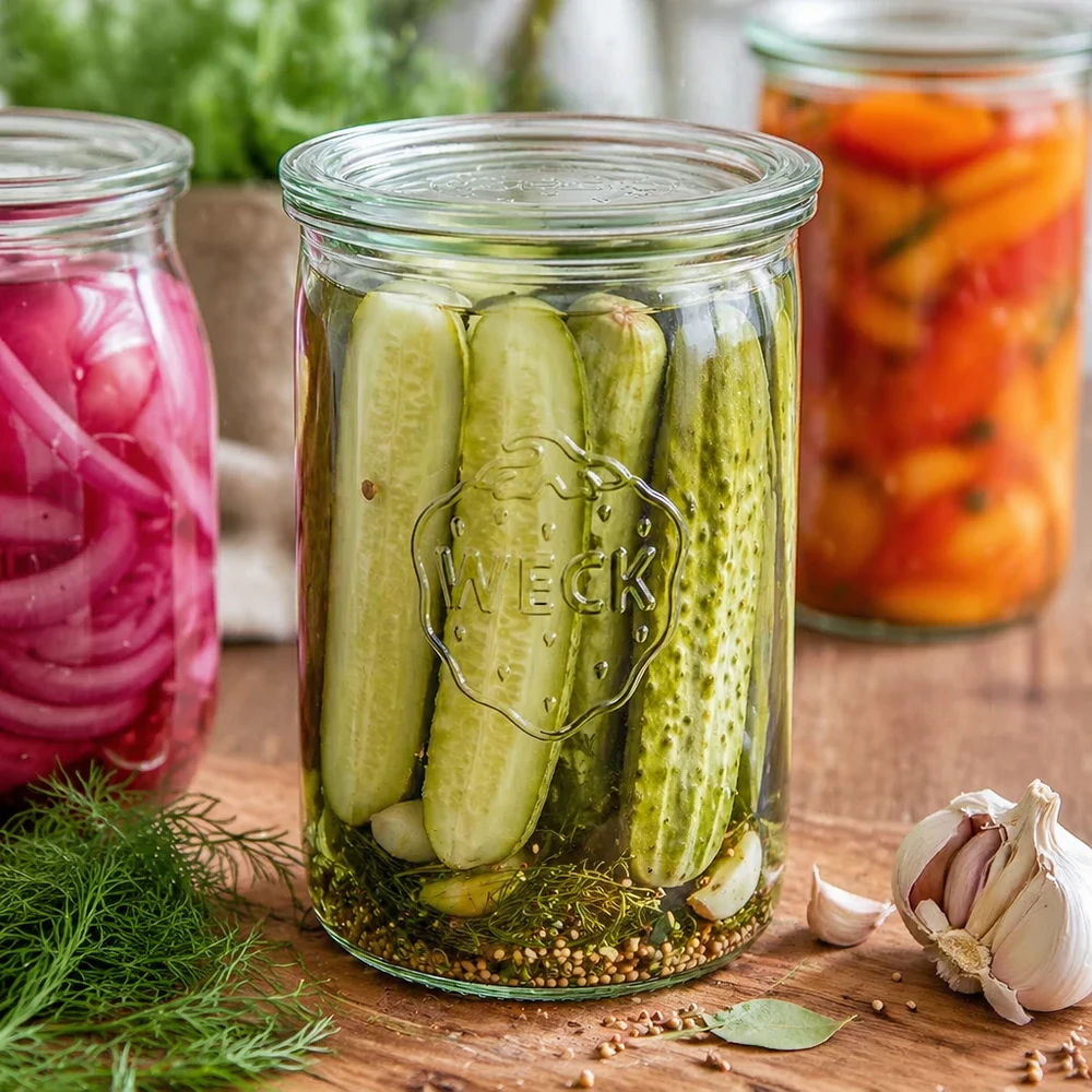 WECK Pot de 1000ml RR100 rempli de cornichons marinés à côté de l'ail et de l'aneth pour la fermentation et le picking