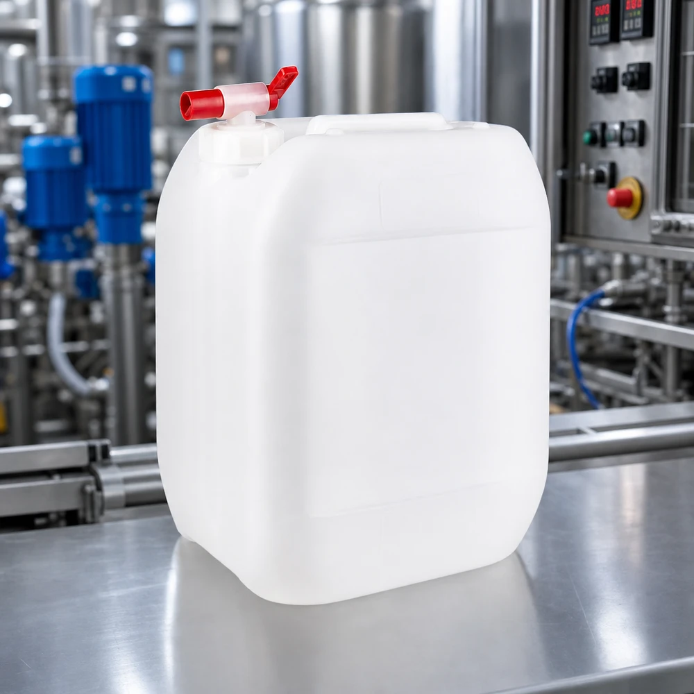 Jerrican de 10 litres avec robinet Bidon industriel translucide de 10 litres muni d'un robinet de vidange rouge, devant une installation de traitement de l'acier inoxydable