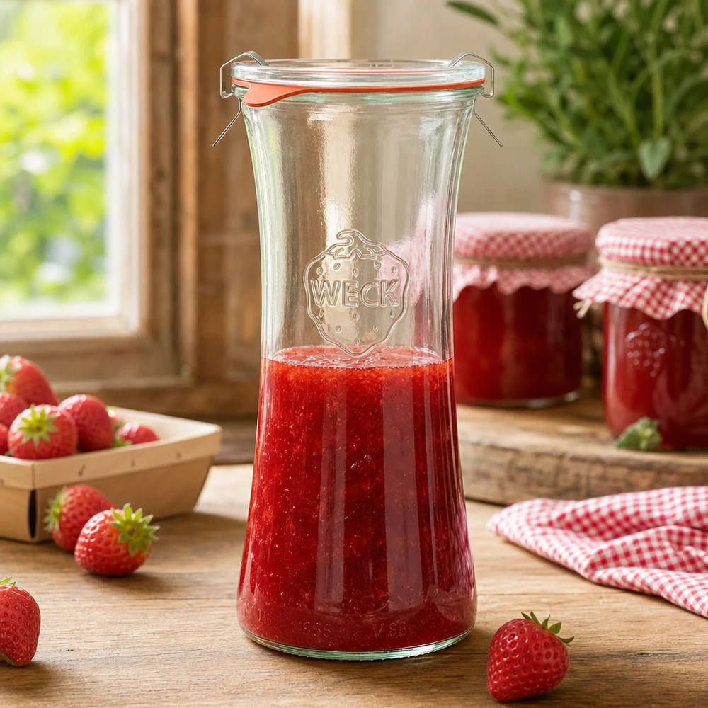 WECK RR80 Pot pour délicatesse de 700ml rempli de confiture de fraises, pot de conserve avec fermeture à étrier dans une scène de cuisine