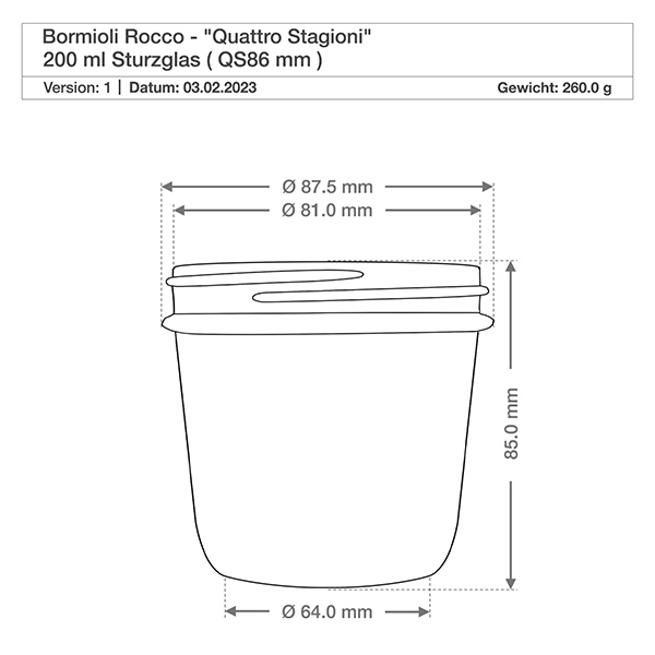 200ml verre à pied Quattro Stagioni avec couvercle dimensions 87,5mm diamètre 85mm hauteur dessin technique Bormioli Rocco