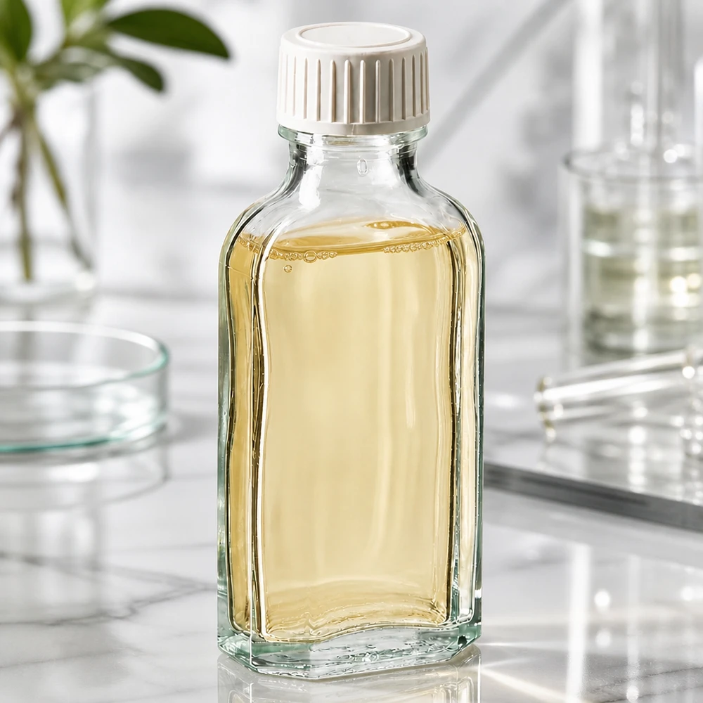 Flasque transparente de 50 ml au goulot DIN 22, avec bouchon à vis DIN 22 blanc en PP et joint mousse en PE Flacon en verre Meplat de 50 ml contenant une huile jaunâtre, muni d'un bouchon à vis blanc