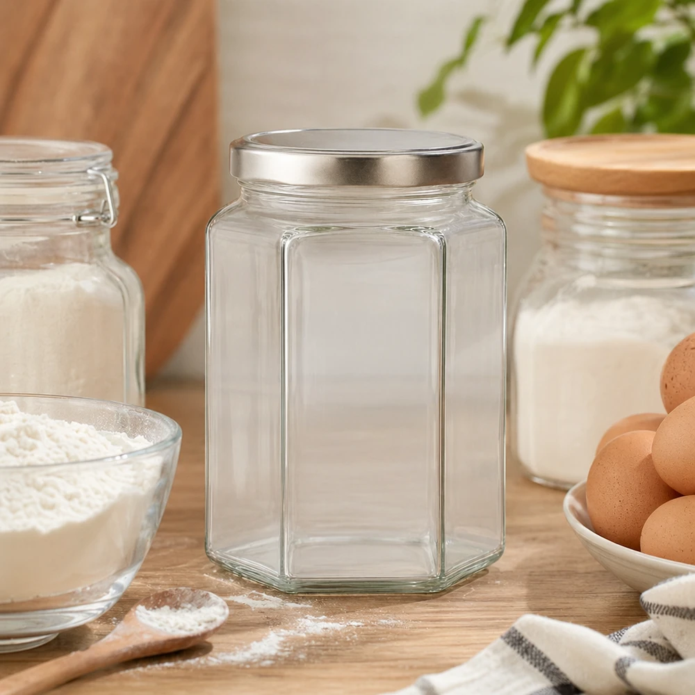 Verre hexagonal de 288 ml avec couvercle BasicSeal argenté pour la conservation en cuisine entre les ingrédients de cuisson, la farine et les œufs.