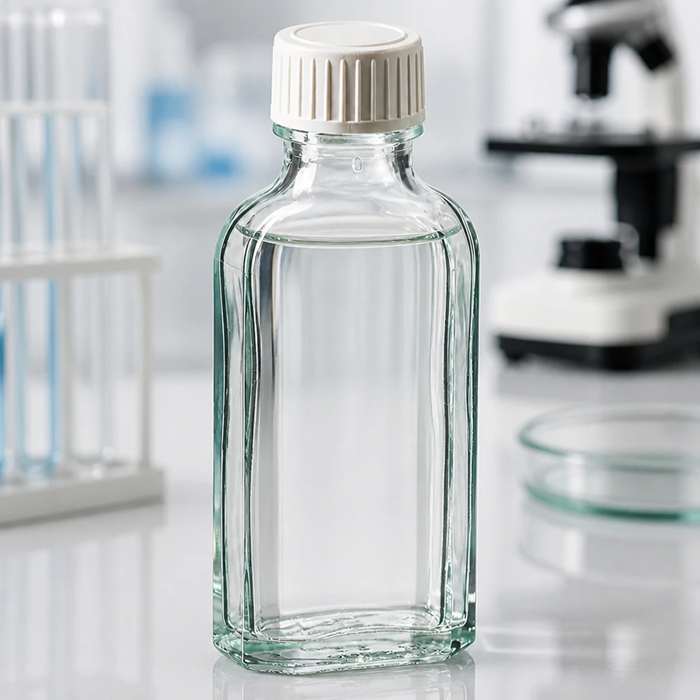 Flasque transparente de 50 ml au goulot DIN 22, avec bouchon à vis DIN 22 blanc en PP et joint mousse en PE Flacon en verre rectangulaire de 50 ml, transparent, avec bouchon à vis blanc, posé sur une paillasse de laboratoire