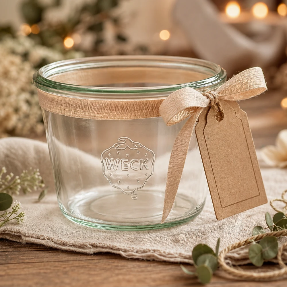 370ml bocal conique WECK RR100 WECK Verre renversé 370ml RR100 décoré avec ruban et pendentif sur une table en bois rustique