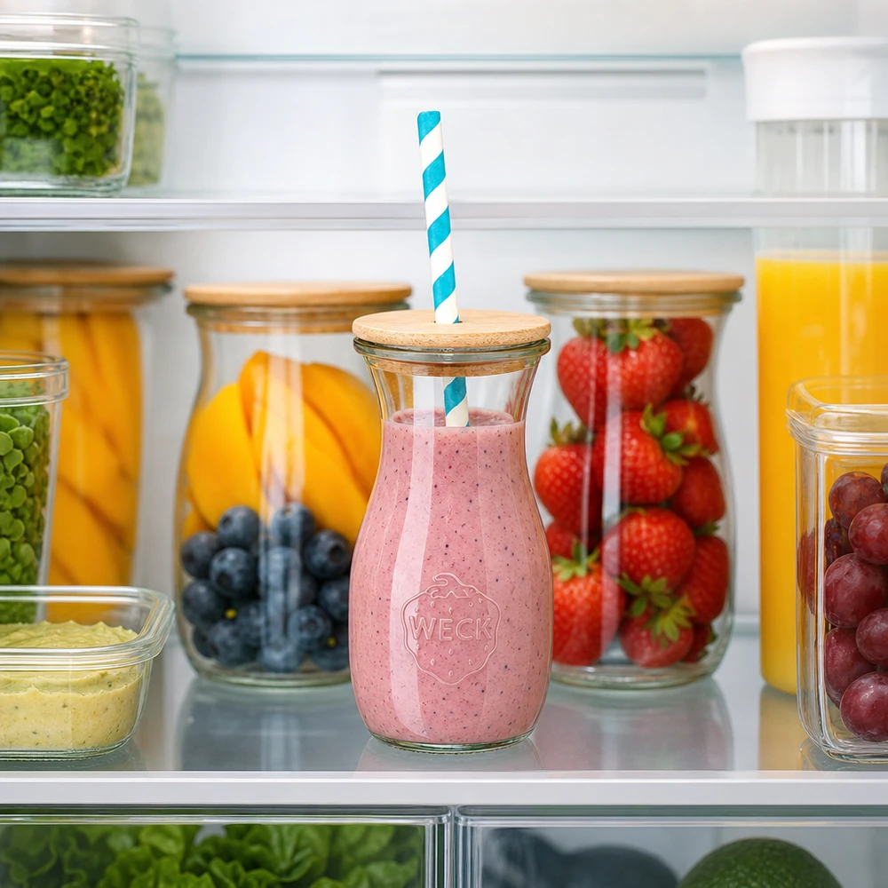 WECK Bouteille de jus 290ml avec smoothie à la fraise au réfrigérateur entre les fruits frais Couvercle en bois Paille en papier