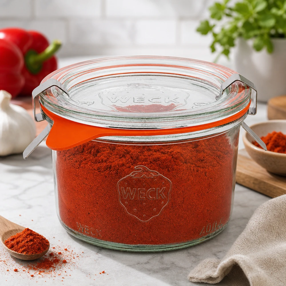 200ml bocal conique complet WECK RR80 WECK Pot renversé 200ml RR80 rempli de paprika en poudre montre une conservation parfaite des épices dans la cuisine moderne