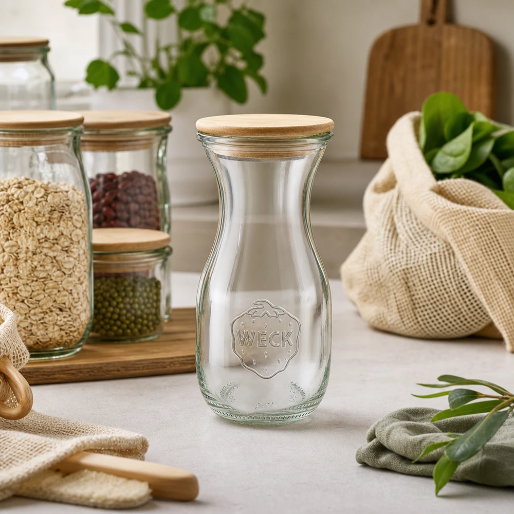 290ml Bouteille à jus de fruits WECK RR60 avec couvercle en bois WECK Bouteille de jus 290ml avec couvercle en bois dans la cuisine Zero-Waste avec bocaux à provisions et sacs en jute