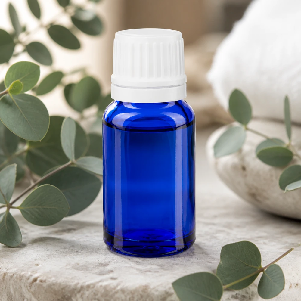 Flacon de pharmacie bleu 10ml bouchon vissable blanc bouchon d'inviolabilité Flacon de pharmacie bleu de 10 ml avec bouchon OV blanc de 11 mm, destiné à l'aromathérapie et aux cosmétiques naturels