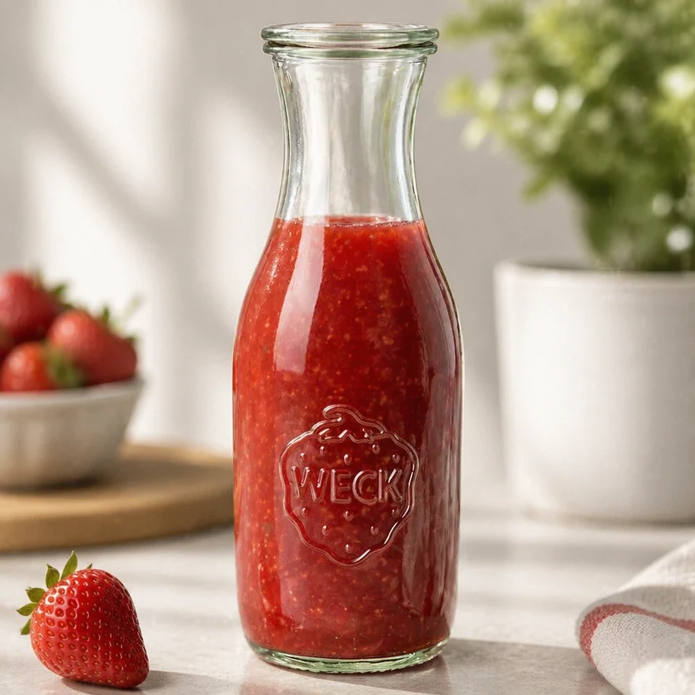 Bouteille à jus de 1 062 ml avec couvercle en verre WECK RR60 WECK Bouteille de jus de 1062ml remplie de jus de fraise frais sur le comptoir de la cuisine à côté d'une fraise et d'une plante.