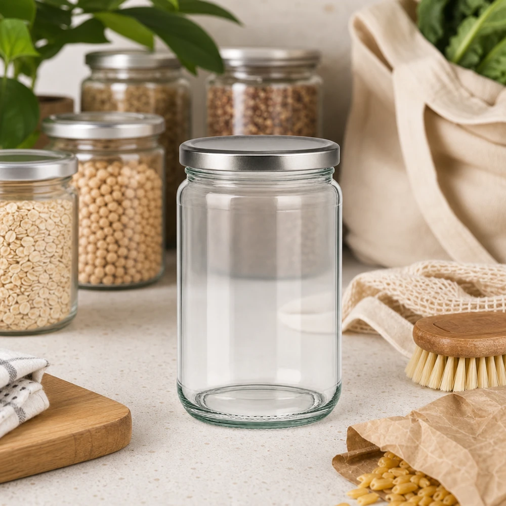 305ml Verre rond avec couvercle BasicSeal argent UNiTWIST Bocal rond vide de 305ml avec couvercle BasicSeal dans la cuisine durable Zero Waste avec des bocaux à provisions et des produits écologiques