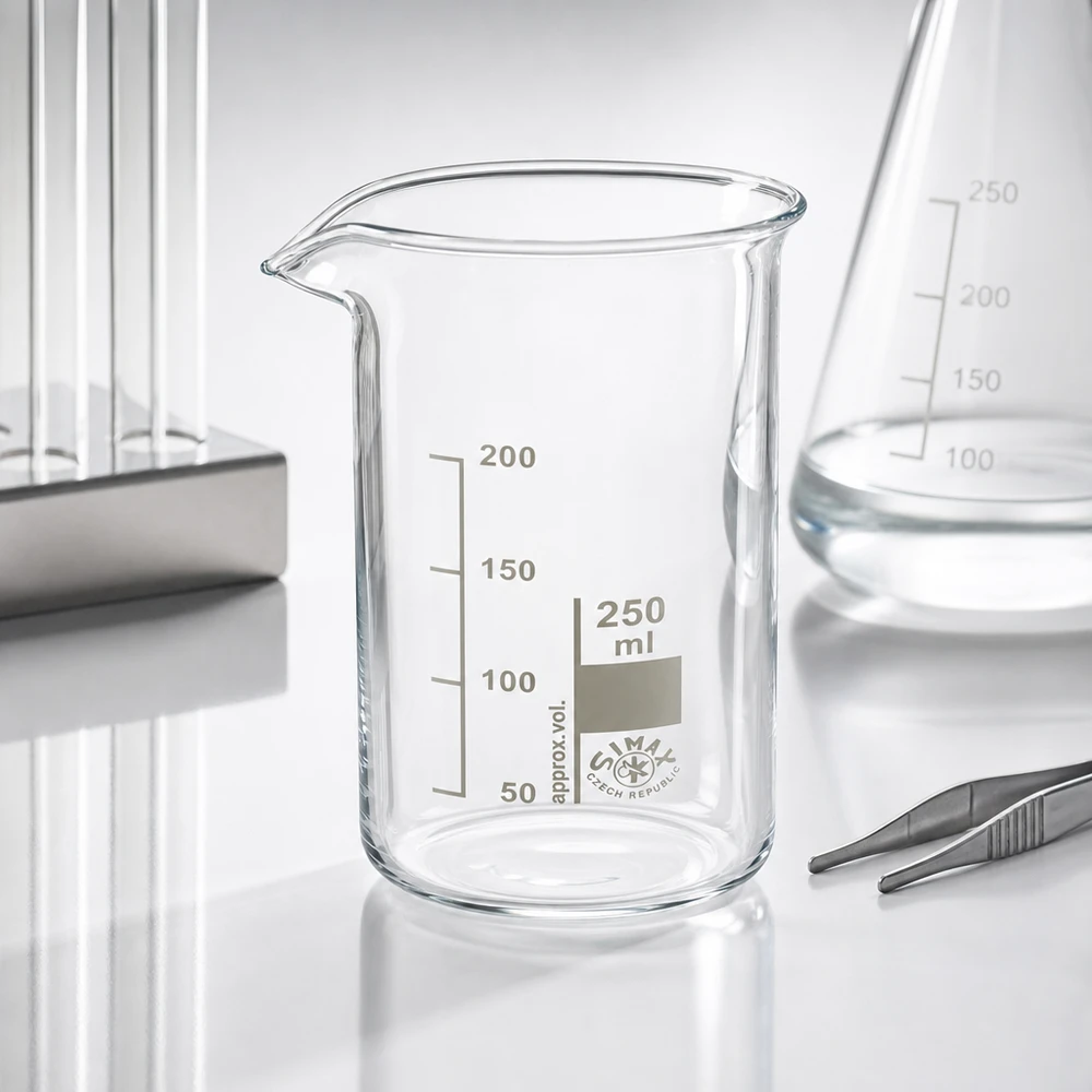 Bécher 250ml en verre borosilicate résistant à la chaleur (forme haute) Verre à bec Simax de 250 ml, forme haute, en verre borosilicaté, avec bec verseur, à côté d'un ballon d'Erlenmeyer et d'une pince