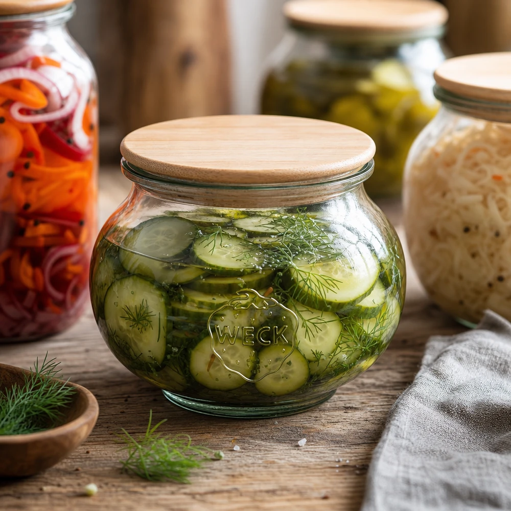 560ml bocal décoratif WECK RR80 avec couvercle en bois WECK Pot à bijoux 560ml RR80 avec couvercle en bois rempli de cornichons marinés et d'aneth dans une cuisine rustique de fermentation