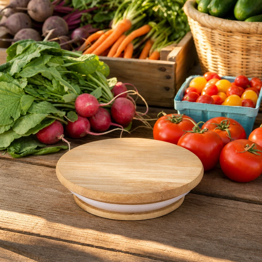 Couvercle en bois RR40 WECK Couvercle en bois WECK RR40 Chêne naturel entre légumes frais tomates radis carottes environnement naturel de cuisine