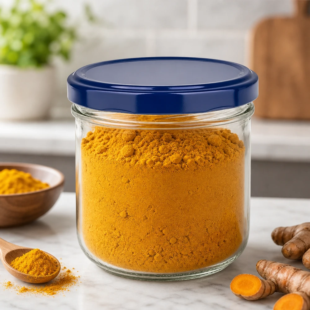 Le bocal de 260 ml rempli de poudre de curcuma montre l'utilisation pratique du couvercle bleu UNiTWIST pour la conservation des épices.