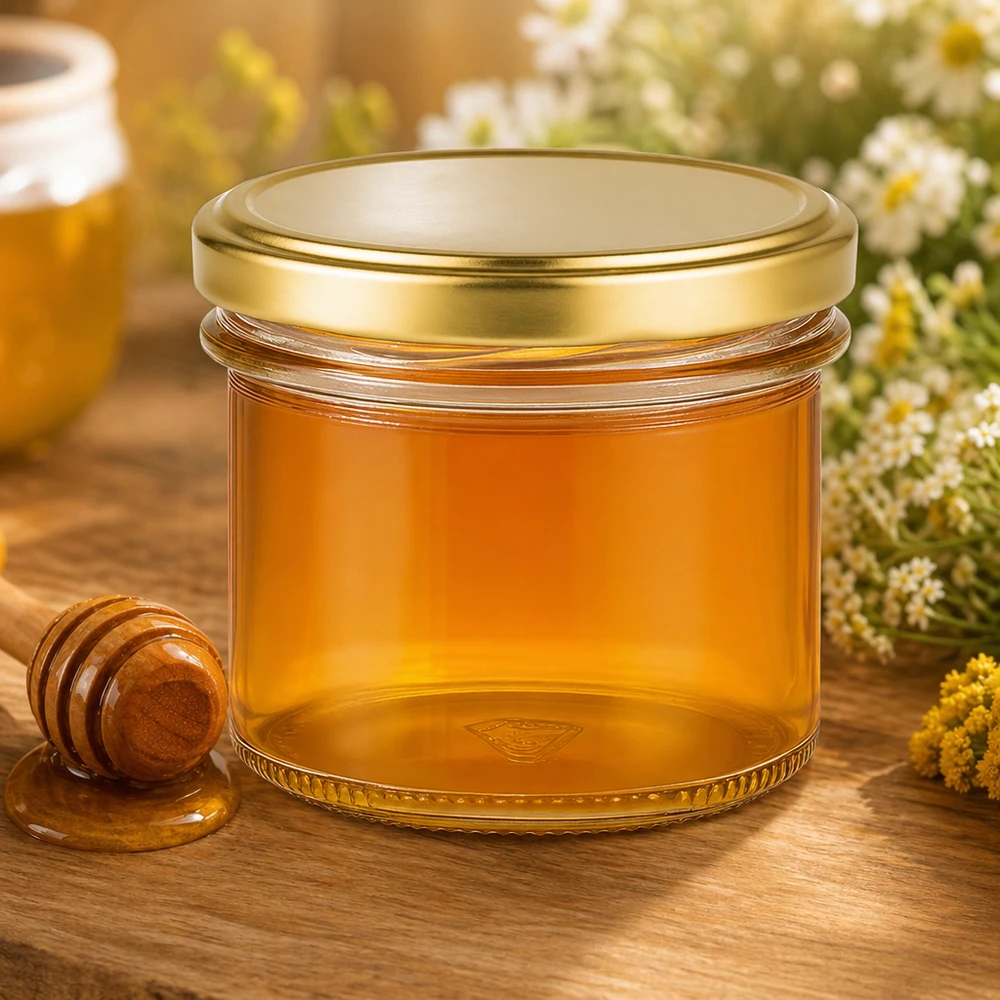 125ml Verre conique avec couvercle BasicSeal or UNiTWIST 125ml Sturzglas gefüllt mit goldgelbem Honig neben Honiglöffel und Blumen - perfekt für Imkerei und Geschenke