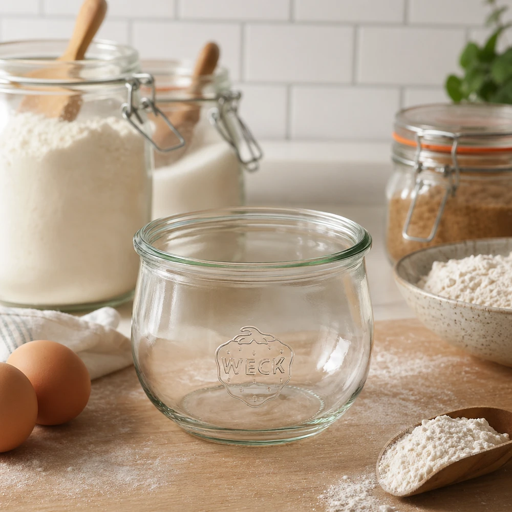 Bocal tulipe WECK RR100 de 580 ml WECK Pot tulipe 580ml RR100 Pot de conservation dans la cuisine avec farine Œufs et bocaux à provisions sur plan de travail en bois