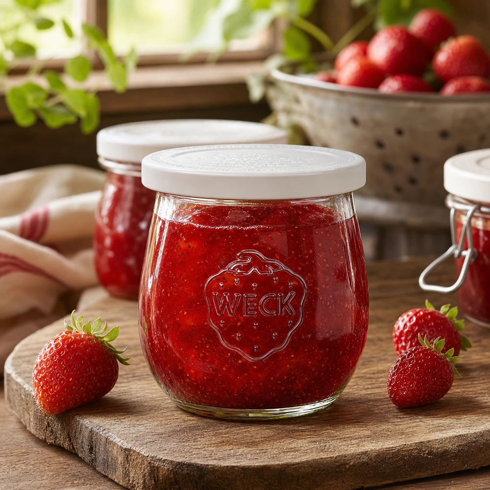 WECK Pot tulipe 220ml RR60 rempli de confiture de fraise sur planche en bois - pot de conserve décoré dans une cuisine rustique