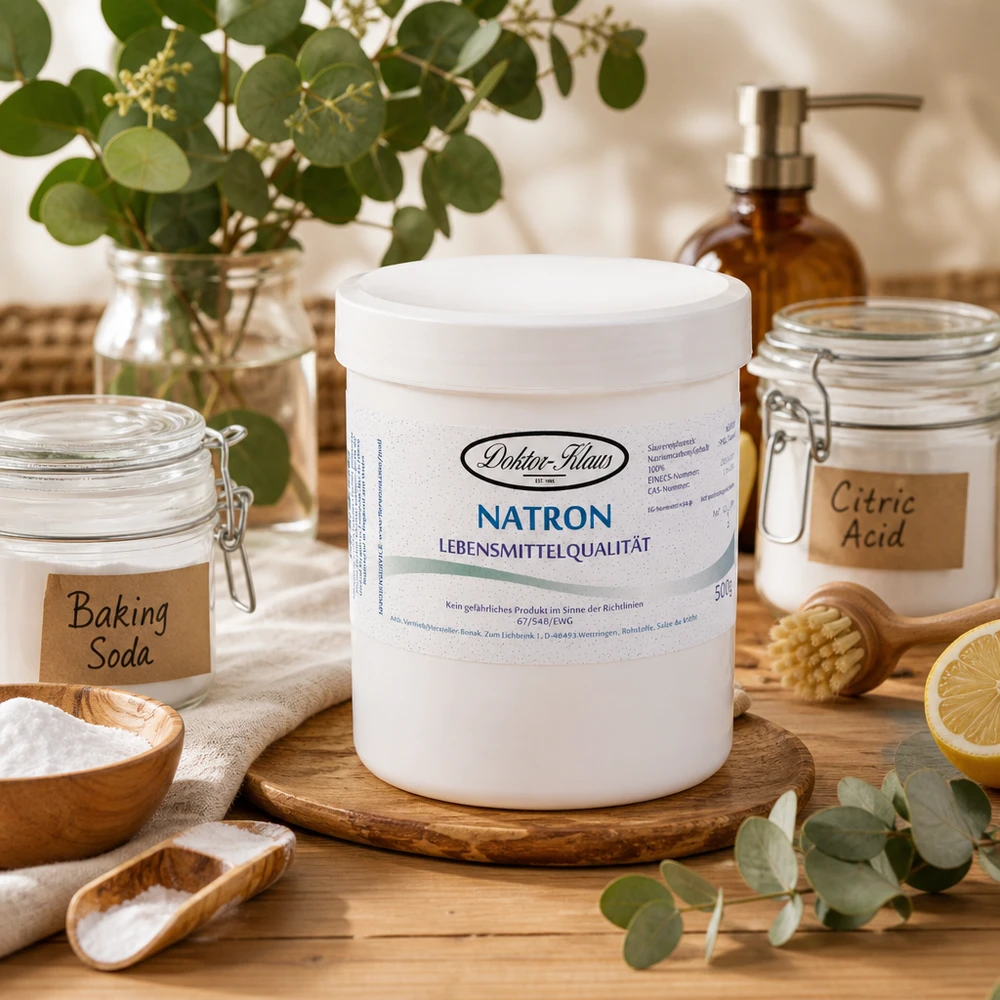 Bicarbonate de soude Docteur Klaus 500g dans une boîte ronde blanche pratique avec un couvercle à vis pour un stockage facile